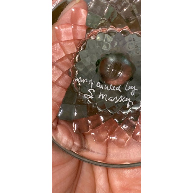 Signed Hand Painted Fenton Art Glass Basket, Pink Opalescent Ruffled Edge, Signed S. Massey For Sale - Image 10 of 16