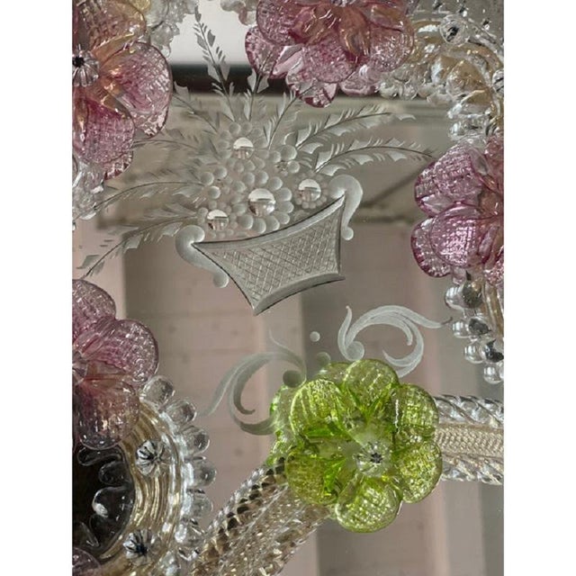 Silver Venetian Oval Green and Pink Floral Hand-Carved Mirror by Simoeng, 2000s For Sale - Image 8 of 10