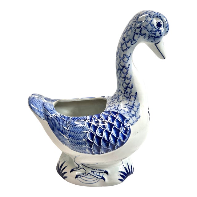 1990s Blue & White Patterned Ceramic Duck Cachepot Planter For Sale