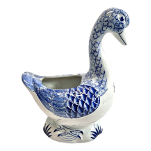 Blue & White Ceramic Duck Planter – Chinoiserie Cachepot, Vintage Bird Vessel, Statement Decor