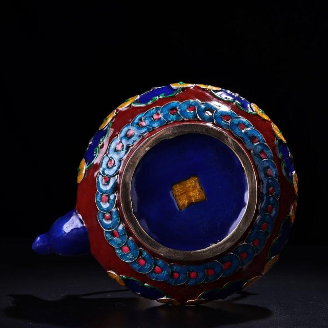 Metal Vintage Ming Cloisonne Enamel Teapot – Red Ground Gilt Bat & Coin Motif For Sale - Image 7 of 9