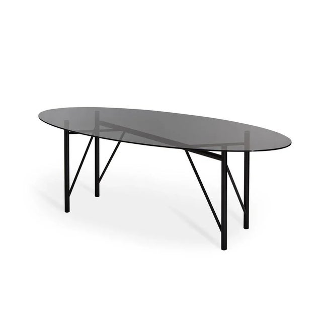 Nero tubolar table oval by Mentemano Dimensions: W220 x D 100 x H 75 cm Materials: Black base, smoked grey top The project...