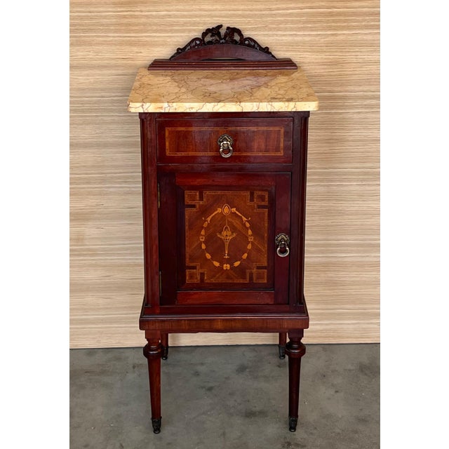 20th Century Pair of Louis XVI Style Marble-Top, Bronze and Walnut Nightstands For Sale - Image 17 of 18