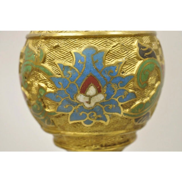 Vintage Japanese Cloisonne Enamel 13" Bronze Candlesticks Lamp Base - a Pair For Sale - Image 4 of 12