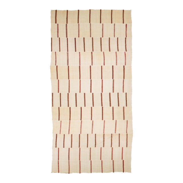 Vintage 13 X 27 Extra-Long Minimalist Striped Kilim Wool Rug in Neutral Cream For Sale