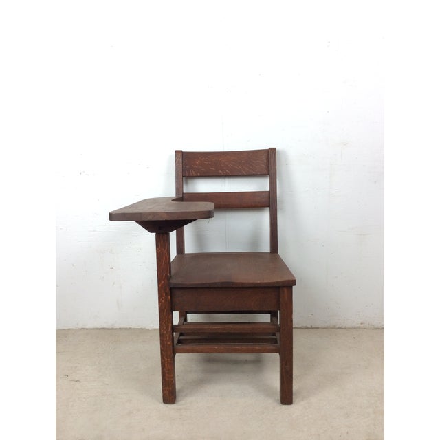 American Antique Oak School Desk Chair With Writing Table and Under Seat Storage For Sale - Image 3 of 16