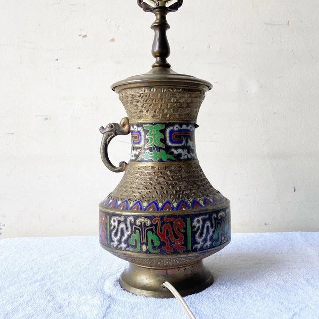 1950s Japanese Brass and Enamel Champleve Table Lamp For Sale - Image 5 of 11