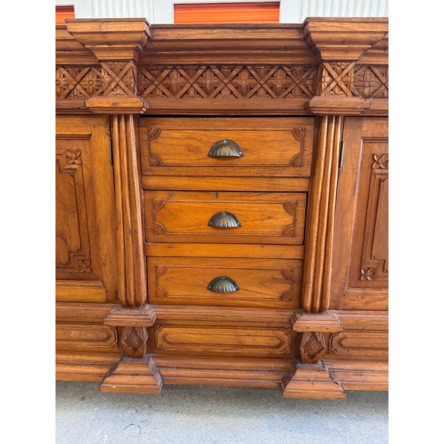 Vintage Mexican Carved Oak Credenza / Sideboard Buffet, 1980s For Sale - Image 4 of 18