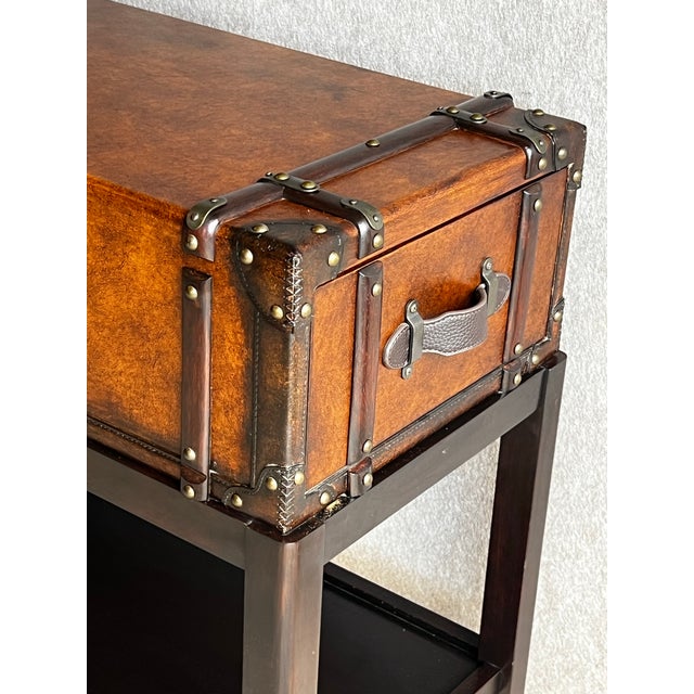 Brown Vintage Faux Leather Suitcase Console Table With 3 Drawers For Sale - Image 8 of 12