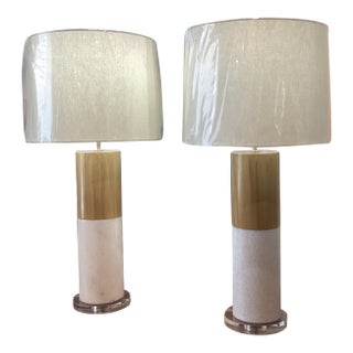 Late 20th Century Mid Century Modern Style Stone Lamps With Lucite Bases and Linen Drums - a Pair For Sale