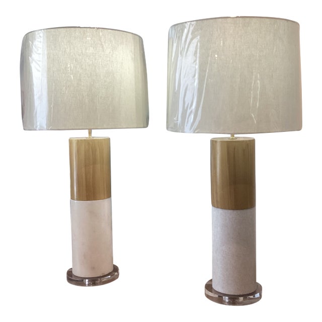 Late 20th Century Mid Century Modern Style Stone Lamps With Lucite Bases and Linen Drums - a Pair For Sale