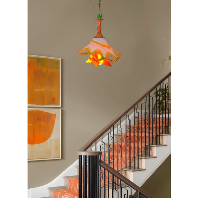 Murano Art Glass Looped Abstract Orange White Pendant Light For Sale - Image 13 of 18
