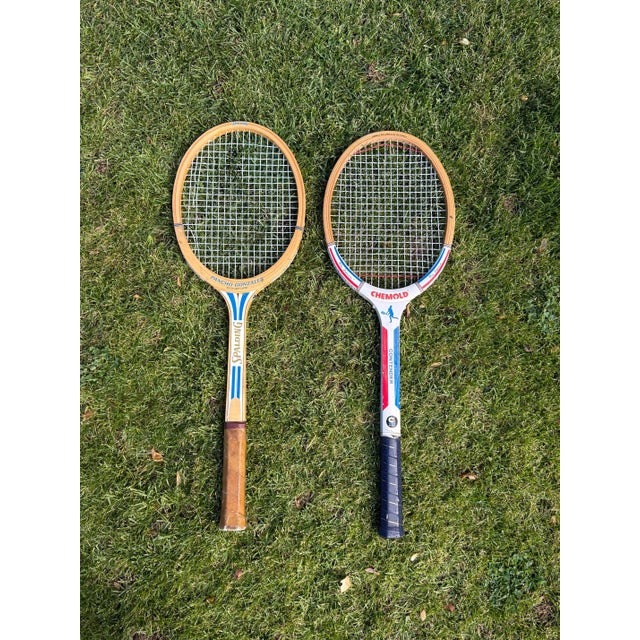 Wood Pair of Colorful Vintage Wooden Tennis Rackets For Sale - Image 7 of 12