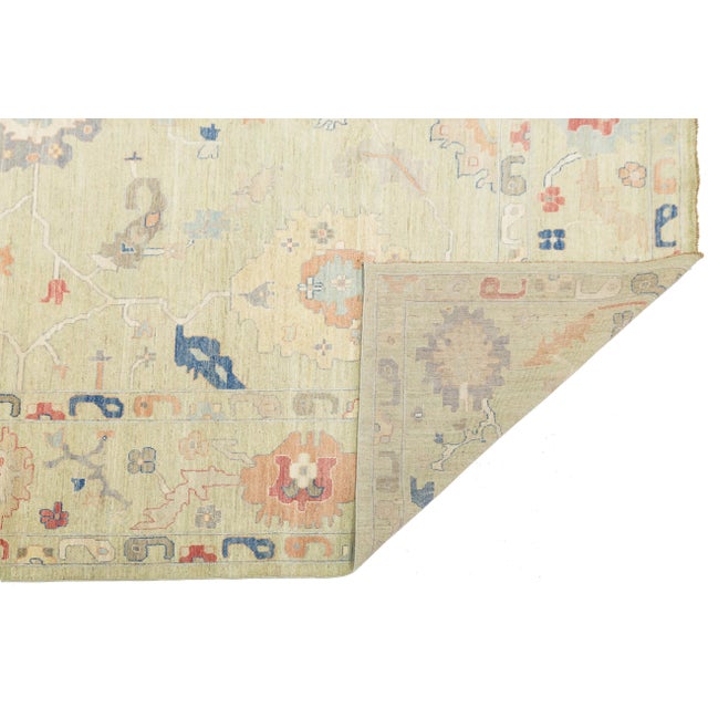 Modern Oushak Style Hand-Knotted Wool Area Rug – Sage Green & Multi 12x16 For Sale - Image 4 of 11
