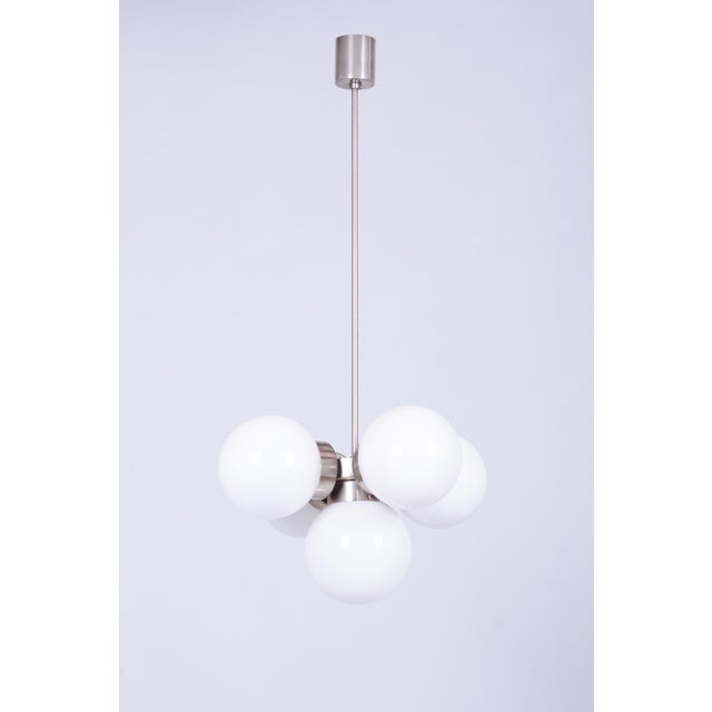 Mid-Century Modern Chandelier in Chromed Steel and Opaline Glass, Czech, 1960s For Sale - Image 10 of 10