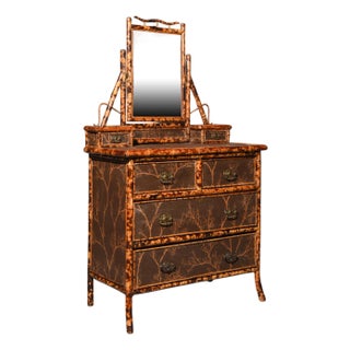 Late 19th Century English Victorian Bamboo Chest of Drawers With Vanity and Forest Detail For Sale