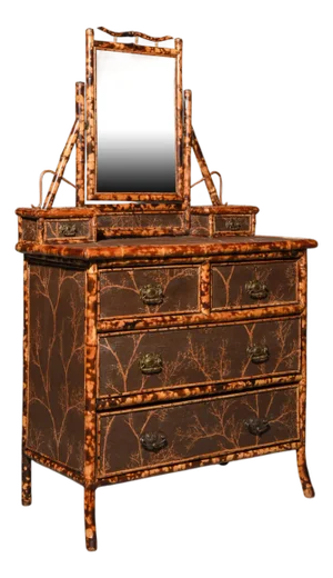 Late 19th Century English Victorian Bamboo Chest of Drawers With Vanity and Forest Detail