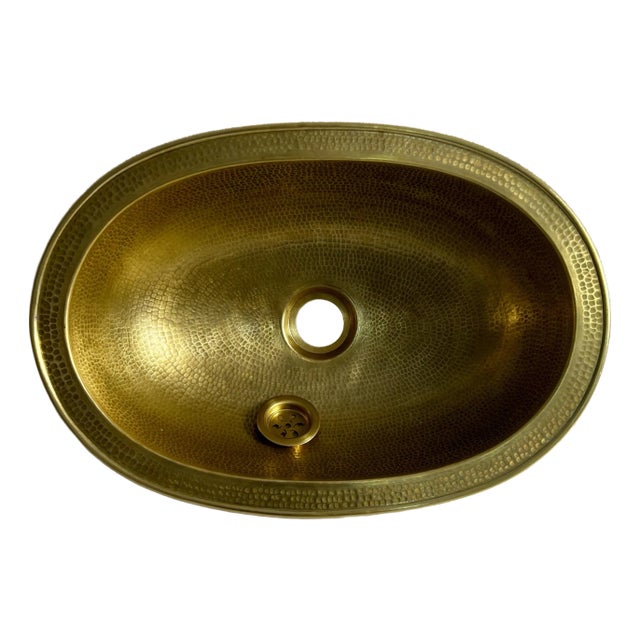 Oval Hammered Brass Drop-In Bathroom Sink, Rustic Moroccan Handmade & Brass Drain For Sale