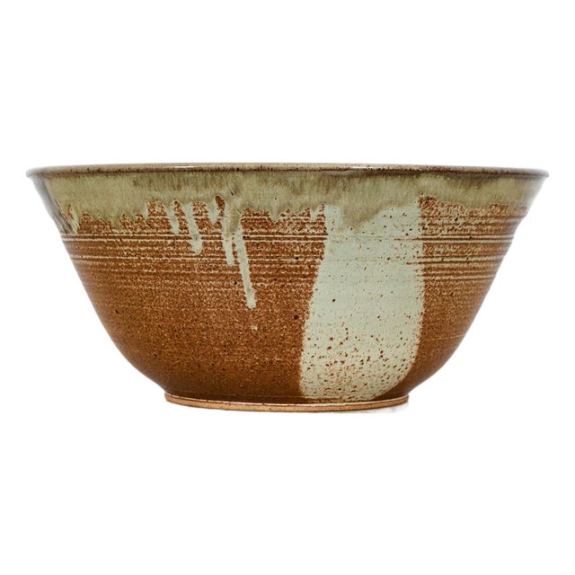 Mid Century Modern Round Bowl Studio Hand Thrown Large Blue Tan Brown Signed MCM For Sale