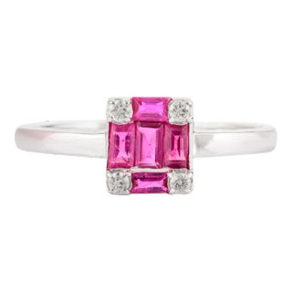 Dainty Ruby Baguette and Diamond Ring Studded in 14k Solid White Gold Size 7 For Sale