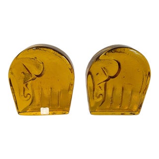 Vintage MCM Mid Century Modern Blenko Amber Glass Elephant Bookends For Sale