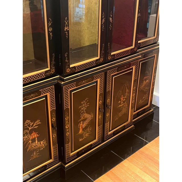 Mid 20th Century Mid 20th Century Ethan Allen Handpainted, Black and Gold Chinoiserie Asian China Display Cabinet and Buffet For Sale - Image 5 of 12