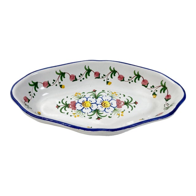 Vintage Spanish Ceramic Hand-Painted Floral Motif Dish For Sale
