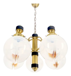 Mid Century Milk Amber Glass 4 Globe Shades Brass Light Fixture Chandelier