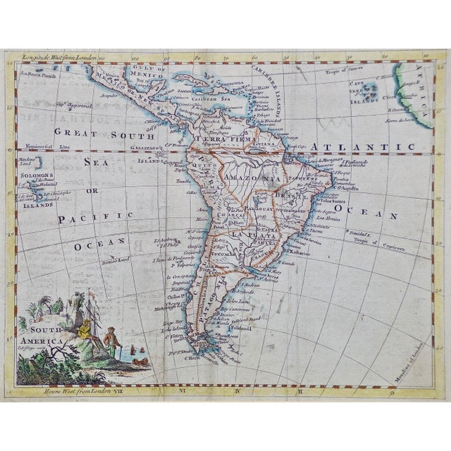 This detailed hand colored map of South America by Thomas Jefferys was published in London in 1750. The map shows...