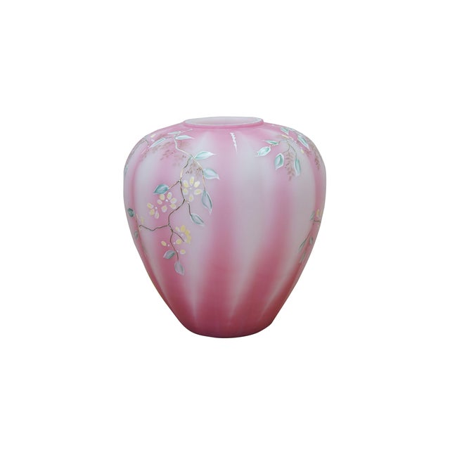Modern 1992 Fenton Rosalene Pink Twining Floral Satin Glass Melon Vase Urn 7" For Sale - Image 3 of 13