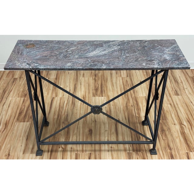 Mid 20th Century Vintage Stone Top Medallion Iron Console Table For Sale - Image 5 of 15