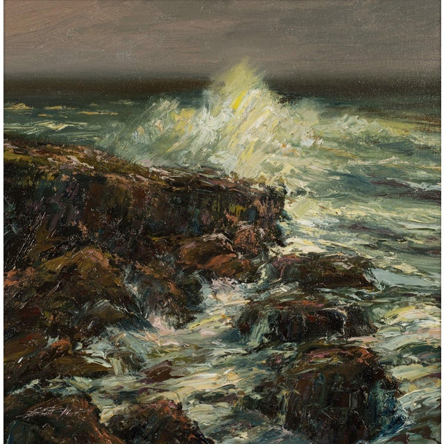 Cascais by Sparky LeBold | Oil on canvas of crashing waves on rocky coastline For Sale