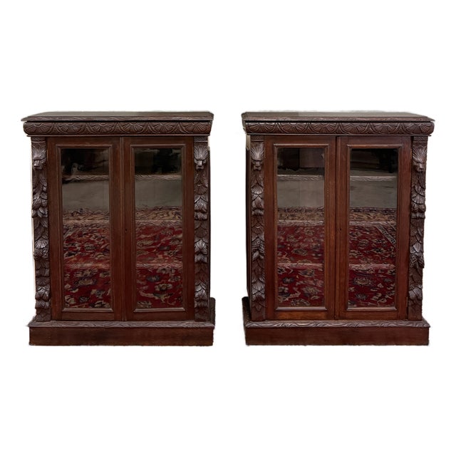 Antique French Pair of Renaissance Carved Bookcases Display Cabinets Oak c.1900 For Sale