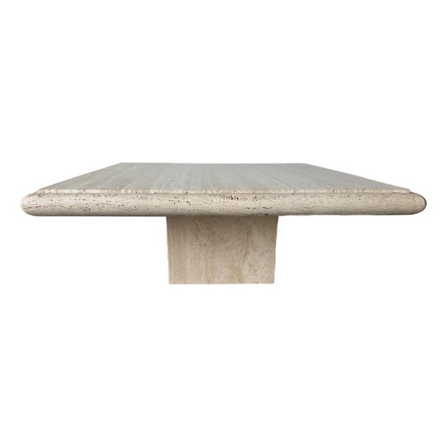 1980s Italian Postmodern Bullnose Beige Travertine Square Coffee Table by Stone International/ Sold For Sale
