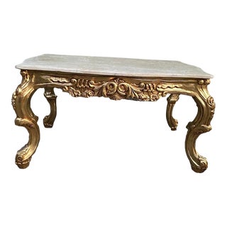 1940s Italian Baroque/Rococo Rectangular Coffee Table in Gilded Beech With Marble Top For Sale