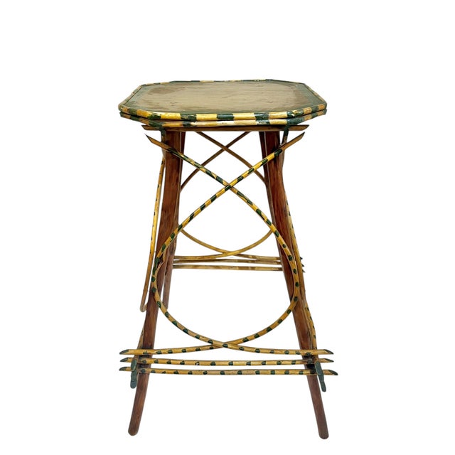 Cabin Rustic Adirondack Twig Side Table With Hand-Painted Green Accents – Folk Art Cabin Style For Sale - Image 3 of 17
