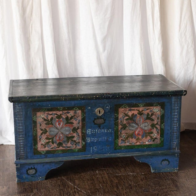 Antique Hand Painted Chest in Blue With Floral Motifs For Sale - Image 13 of 18