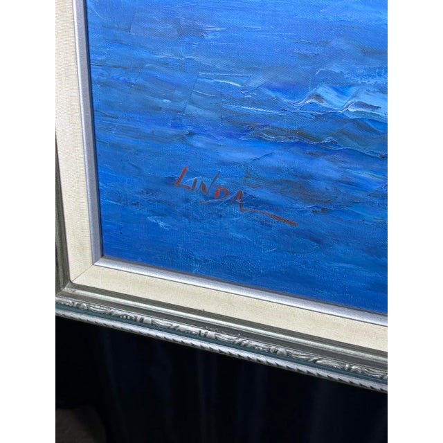 Large Mid-Century Style Mediterranean Coastal Village Framed Oil Painting - Signed "Linda" For Sale - Image 9 of 9