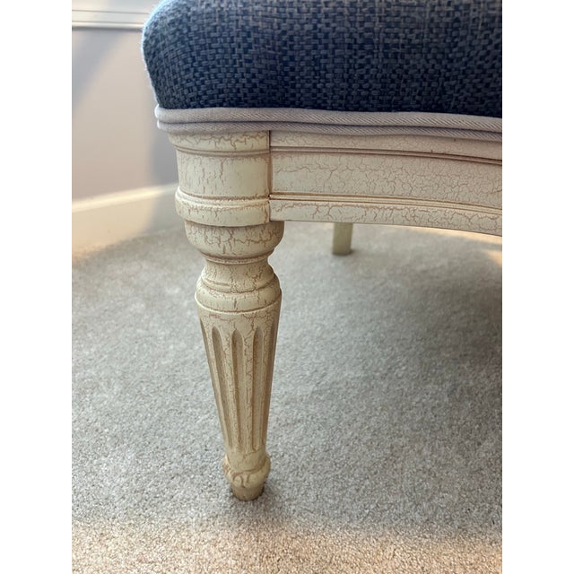 1980s Oversized French Louis XVI Style Distressed Off-White & Slate Blue Upholstered Armchair For Sale - Image 5 of 12