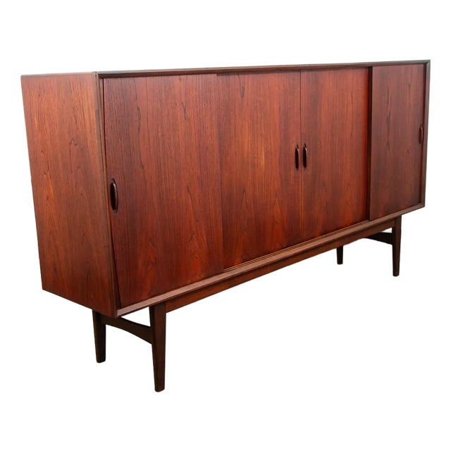 Mid Century Danish Modern Credenza Highboard Sideboard Sliding Teak 4 Doors Bar For Sale