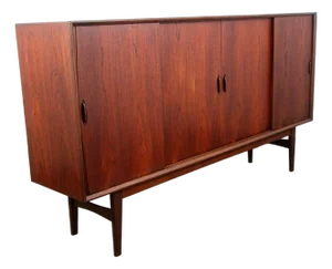 Mid Century Danish Modern Credenza Highboard Sideboard Sliding Teak 4 Doors Bar