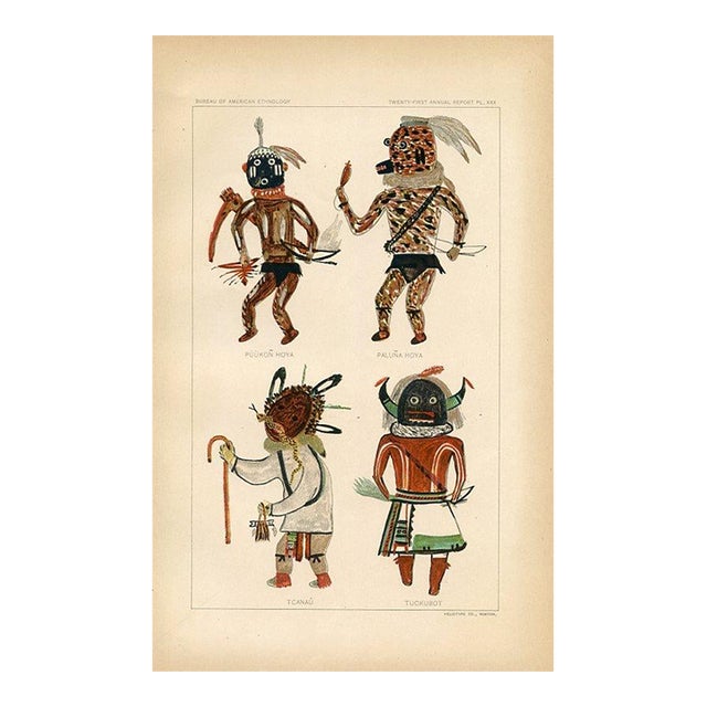 Early 1900s, Hopi Indian Kachina Print, War Gods, Original Antique Native American Lithograph For Sale