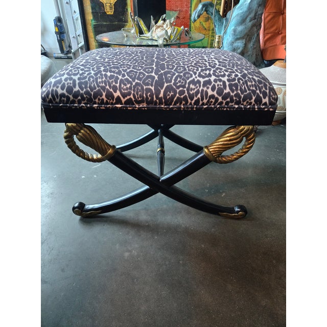 1970s Hollywood Regency Cross Sword Bench W Leopard Fabric For Sale - Image 4 of 6