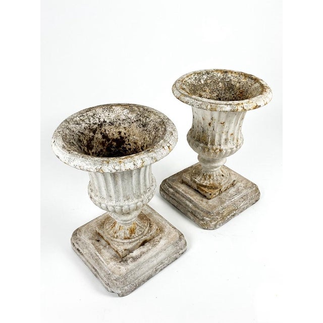 Mediterranean Pair of Vintage Cast Iron Campana Urns on Weathered Cast Stone Bases For Sale - Image 3 of 12