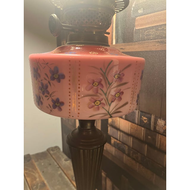 Late 19th Century Victorian Painted Pink Glass Oil Converted Electric Lamp For Sale - Image 4 of 8