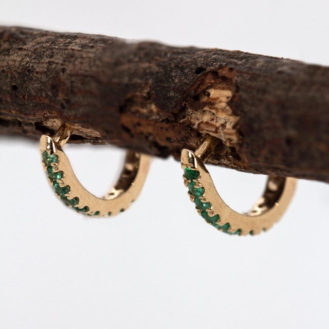 Zambian Emerald Huggies in Solid 14k Yellow Gold | Rd 10mm | Latch Back- Set of 2 For Sale - Image 4 of 6