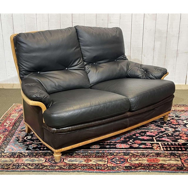 Leather and beech sofa from the 70s - W=1m48, H=88cm, Seat H=45cm, D=90cm.