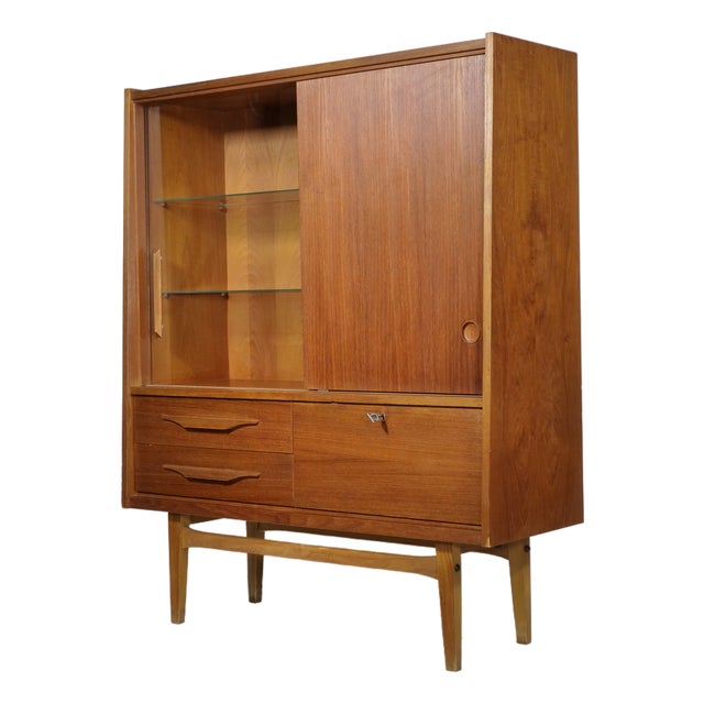 Mid-Century Modern Teak Highboard with Glass Display Case and Sliding Door, 1960s For Sale