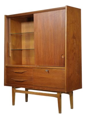 Mid-Century Modern Teak Highboard with Glass Display Case and Sliding Door, 1960s