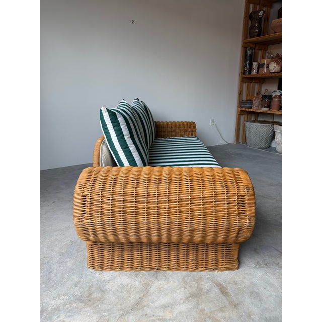 1970s Vintage Coastal Organic - Rattan Sofa With Rolled Arms & Striped Cushions For Sale - Image 10 of 18